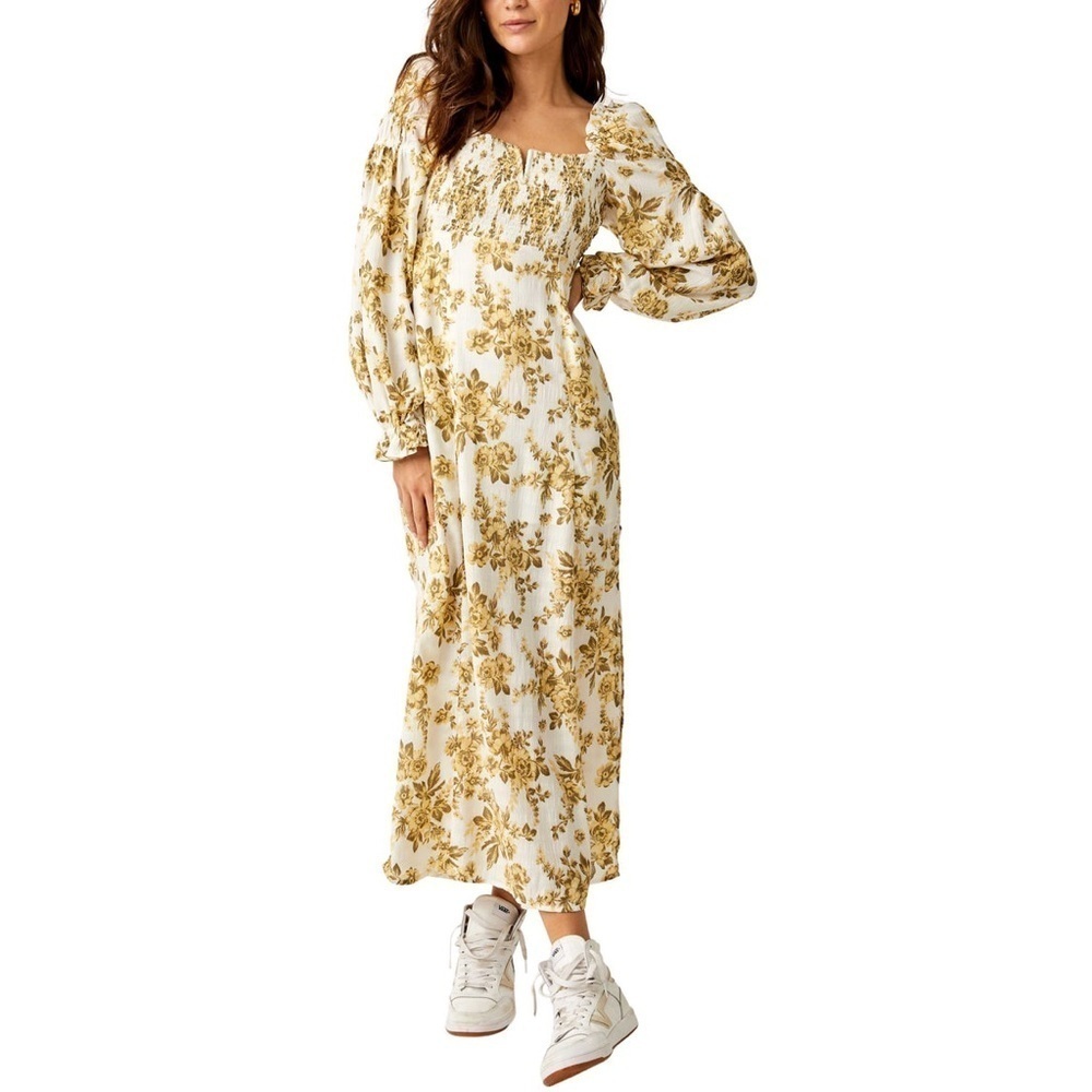Free People Jaymes Floral Midi Dress in Pastry Cream with balloon sleeves
